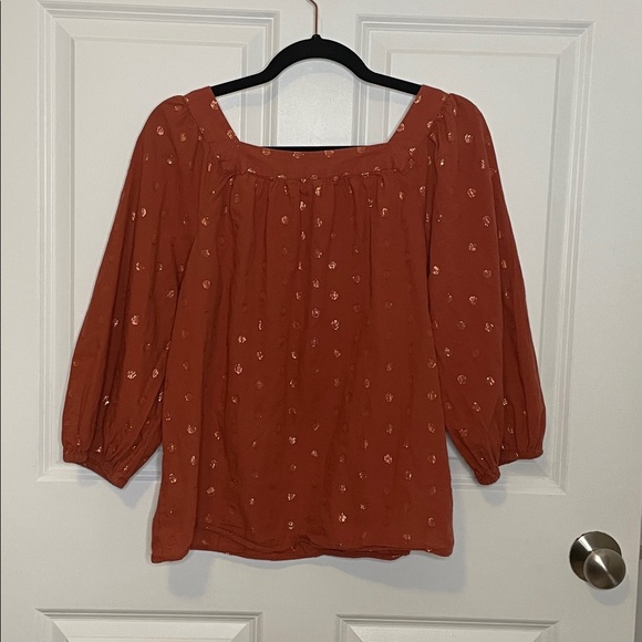 LC Lauren Conrad squareneck peasant top copper metallic polka dots terra-cotta - Picture 7 of 8